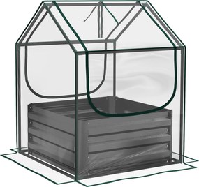 Floreira de horta com mini-estufa, floreira elevada em aço galvanizado, 70 x 70 x 90 cm, cinzento escuro
