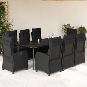 9 pcs conjunto de jantar p/ jardim c/ almofadões vime PE preto