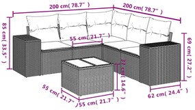 6 pcs conjunto sofás de jardim com almofadões vime cinzento