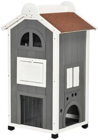 Casa para Gatos de Madeira 59x55x109 cm Abrigo para Gatos de 3 Níveis com Telhado Asfáltico Plataformas Escada e Varanda Cinza