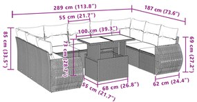 10 pcs conj. sofás jardim com almofadões vime PE cinzento-claro