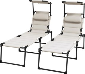 Conjunto de 2 espreguiçadeiras dobráveis de grande conforto, com encosto e capota ajustáveis em várias posições, cor creme