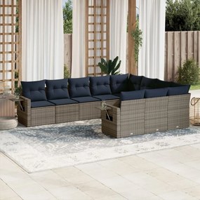 vidaXL 10 pcs conjunto sofás p/ jardim c/ almofadões vime PE cinzento