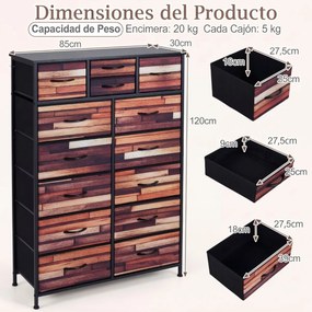 Cómoda com 14 gavetas com gavetas em tecido 85 x 30 x 120 cm, estrutura metálica, organizador para quarto Preto + Castanho