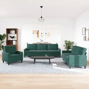 3 pcs conjunto de sofás com almofadões veludo verde-escuro