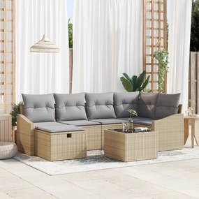 Conjunto de Sofá de Jardim de 7 Peças com Almofadas Bege Rattan Poliés