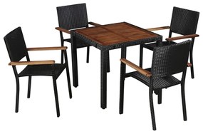 vidaXL 5 pcs conjunto jantar exterior vime PE e madeira acácia preto