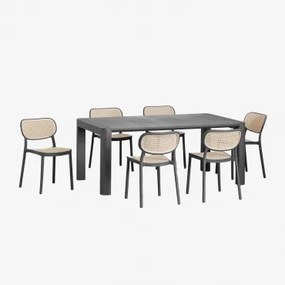 Conjunto De Mesa Retangular Arnadine (180x100 Cm) E 6 Cadeiras De Jantar Empilháveis Omara Cinza Grafito - Sklum
