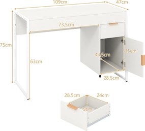 Secretária de Computador com Armário e Gaveta, 109 x 47 x 75 cm, Estrutura Metálica Resistente, Branco