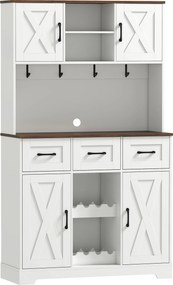 HOMCOM Amário de Cozinha Alto com Suporte para 8 Garrafas 4 Portas 3 Gavetas Prateleiras Abertas 100x38x172 cm Branco | Aosom Portugal