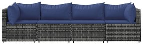 4 pcs conjunto lounge de jardim c/ almofadões vime PE cinzento