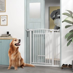 Barreira para cães, largura ajustável de 76 a 102 cm, barreira extra larga com porta para gatos, branca