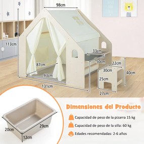 Tenda de brincar para crianças 6 em 1 para crianças dos 2 aos 6 anos com quadro de madeira cortinas secretária mesa cadeira estante 131 x 98 x 113 cm