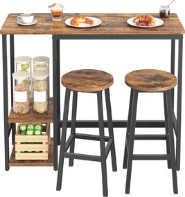 Conjunto de mesa de bar com prateleira, com 2 bancos, estrutura metálica castanho-preto