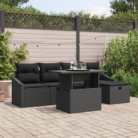 Conjunto de Sofá de Jardim de 6 Peças com Almofadas em Vime Preto