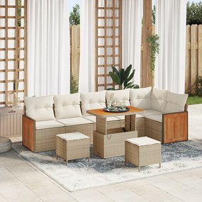 Conjunto de Sofá de Jardim de 9 Peças com Almofadas Bege Rattan Poly Acácia