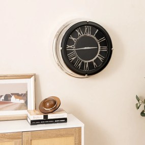 Relógio de parede silencioso de 34,5cm com estrutura prateada e tampa de vidro com algarismos romanos S