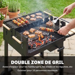 Grelhador a carvão com 2 grelhas ajustáveis 99,5 x 58 x 82 cm, churrasqueira a carvão com Rodas, prateleira lateral, preto