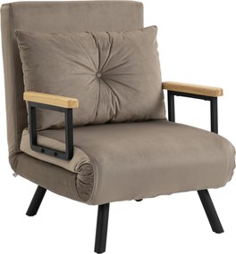 Poltrona convertível 4 em 1, cama individual, encosto com 5 posições, braços em madeira com almofada, tecido com efeito de veludo, castanho