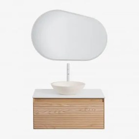 Conjunto De Móvel De Casa De Banho Em Madeira De Freixo Tedrik Castanho Fresno & Cimento Redondo Branco Ø40 Cm Zavion & Oval Led - Sklum