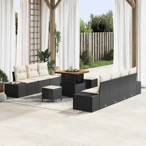 Conjunto de Sofá de Jardim de 10 Peças com Almofadas Preto Rattan PE Acácia