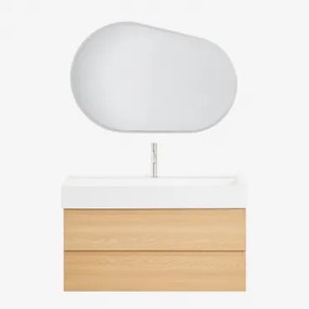 Conjunto De Móvel De Casa De Banho Em Madeira E Chapa De Freixo Com Lavatório Integrado Ona Madeira Natural & Oval Led E Anti-embaciamento - Sklum