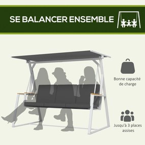 Baloiço de jardim de 3 lugares  205 L x 130 L x 175 A cm com teto de inclinação ajustável e colchão incluído cinzento