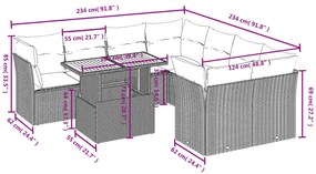 9 pcs conjunto sofás p/ jardim com almofadões vime PE cinzento