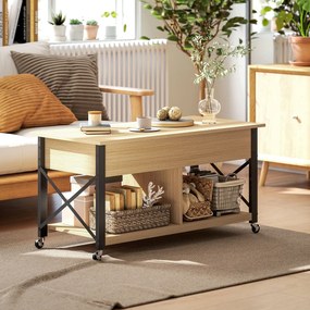 Mesa de Centro Elevatória com Rodas Compartimento Oculto e Prateleiras Abertas 105x50x67 cm Madeira e preto