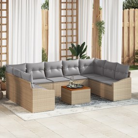 vidaXL Conjunto de Sofás de Jardim de 10 Peças com Almofadas Bege Rattan Polipropileno Acácia