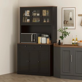 Armário de Cozinha com 3 Portas de Vidro Compartimento Aberto 2 Gavetas e Prateleiras Ajustáveis 100x40x180 cm Preto