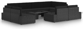 10 pcs conjunto lounge de jardim c/ almofadões vime PE preto