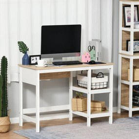 Secretária com 110 cm de comprimento x 48 cm de largura x 76 cm de altura, 2 prateleiras laterais em MDF E1, carvalho claro e branco