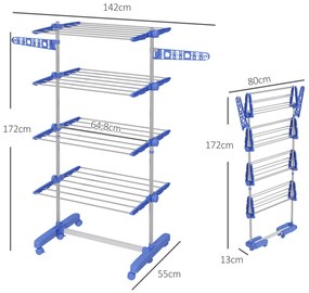 Estendal Vertical Dobrável de 4 Níveis com 6 Rodas 2 Laterais Dobráveis Prateleiras Ajustáveis 142x55x172 cm Azul