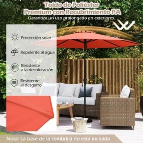 Guarda-sol 303 cm com mecanismo de inclinação de 25° e manivela, 8 varetas reforçadas para terraço, sem base Laranja