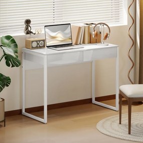 Secretária com 2 gavetas, mesa para computador de 100 x 50 cm, secretária moderna com base em aço, para espaços pequenos, branco brilhante