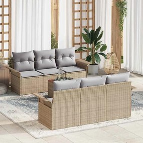 Conjunto de Sofá de Jardim vidaXL 7 Peças com Almofadas Bege Rattan Sintético Acácia
