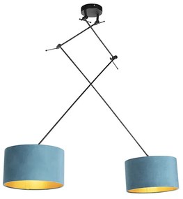 Candeeiro de suspensão preto com abajures de veludo azul e dourado 35 cm 2 luzes - Blitz Clássico / Antigo