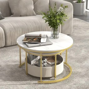 Conjunto de 2 mesas de centro redondas de 80 e 60 cm com cesto de tecido e estrutura metálica brancas e douradas