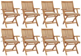 vidaXL Cadeiras de jardim dobráveis c/ almofadões 8 pcs teca maciça