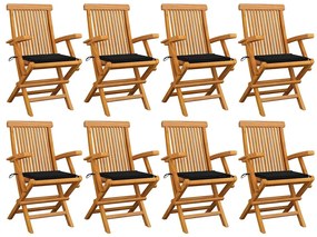 Cadeiras de jardim c/ almofadões pretos 8 pcs teca maciça
