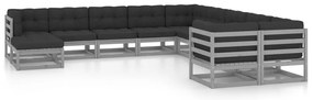 11 pcs conj. lounge jardim c/ almofadões pinho maciço cinzento