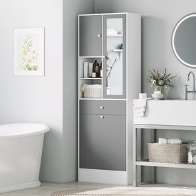 Móvel de casa de banho 62 x 28,3 x 181 cm com cesto para roupa suja e espelho com prateleira ajustável, cinzento e branco