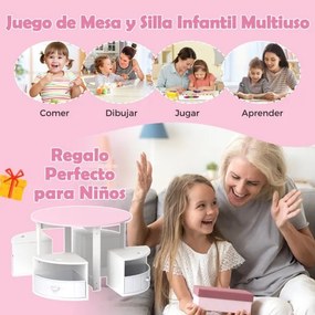 Conjunto de mesa redonda e 4 bancos com 4 caixas de tecido para atividades artísticas e de leitura para crianças Rosa