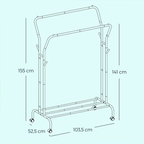 Cabide guarda roupa com rodas de 52,5 x 103,5 x 155 cm prateado