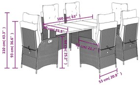 7 pcs conjunto jantar p/ jardim c/ almofadões vime PE castanho