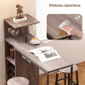 Conjunto de Mesa de Bar e 2 Bancos, 121,5 x 40 x 122 cm, Arrumação para Garrafas de Vinho, Castanho acinzento