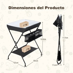Trocador de fraldas dobrável portátil com 3 compartimentos cesto de fraldas prateleira para bebês 80 x 63 x 103 cm Preto