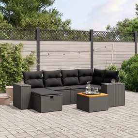 7 pcs conjunto de sofás p/ jardim c/ almofadões vime PE preto