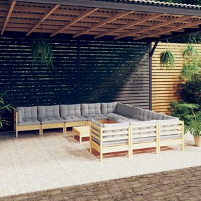 12 pcs conjunto lounge de jardim c/ almofadões cinza pinho